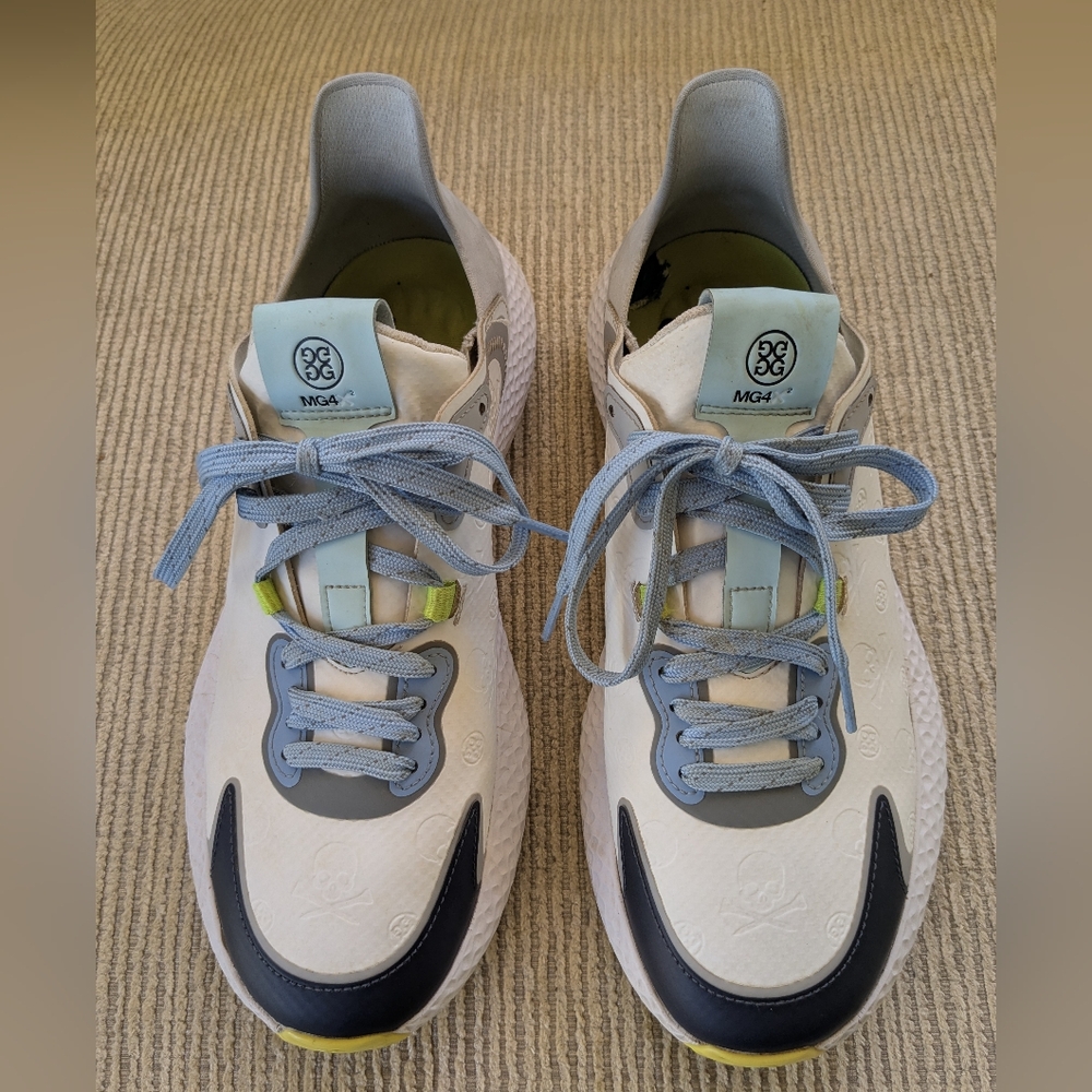 G/FORE Men's Athletic Sneakers in White, Light Blue, Black & Yellow-Green